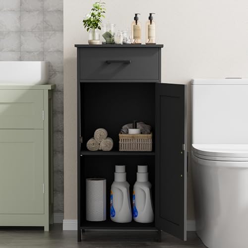 Bathroom Corner Storage Cabinet with Drawer & Adjustable Shelf - Black 15.7W