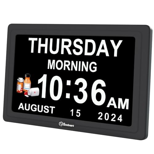 Soobest 7” Black Dementia Digital Clock for Seniors Large Display with Alarm & Auto Brightness