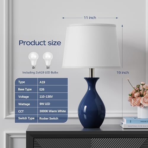 PARTPHONER Navy Blue Ceramic Table Lamps Set of 2 - Modern Bedside Nightstand Lamps for Bedroom & Living Room
