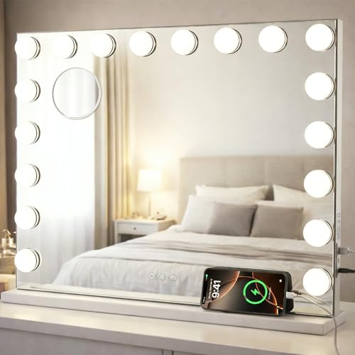 KOKZSSZ 26x20.9 Inch Hollywood Vanity Mirror with Lights, Dimmable LED, 10X Magnification, Wall & Desk Mount