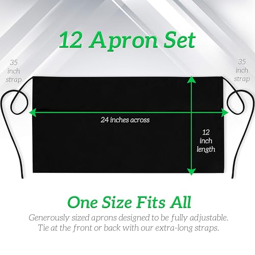 GREEN LIFESTYLE 12 Pack Black Water-Resistant Server Aprons with 3 Pockets – Waist Apron for Waitstaff & Chefs