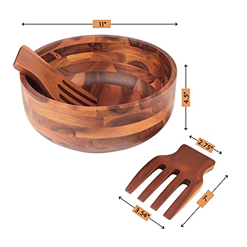 Acacia Wood Salad Bowl Set with Serving Utensils - Large Mixing Bowl for Fruits, Salad, Cereal, Pasta - 11 Inch Diameter