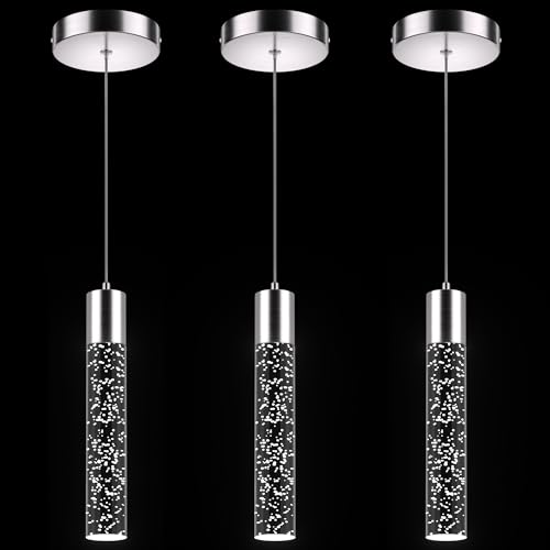 Esfos Nickel Cylindrical 3-Pack Pendant Lights for Kitchen Island, Modern Crystal Bubble Design, Adjustable LED Ceiling Fixture