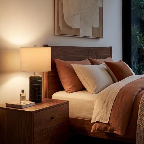 PoKat 21'' Matte Black Ceramic Table Lamp with Linen Shade - Modern Bedroom Decor