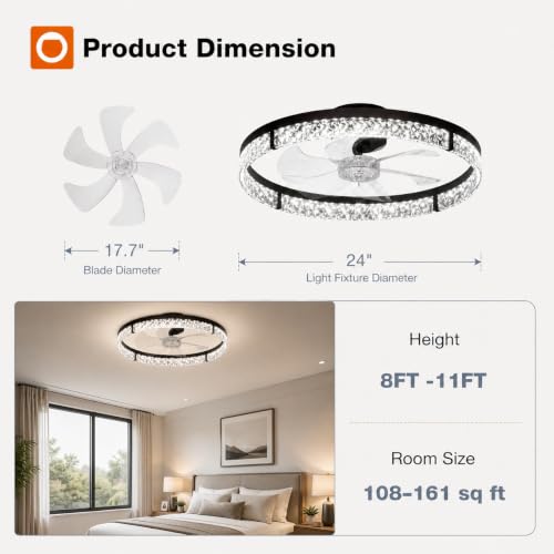 addlon 24-Inch Black Low Profile Ceiling Fan with Lights & Remote