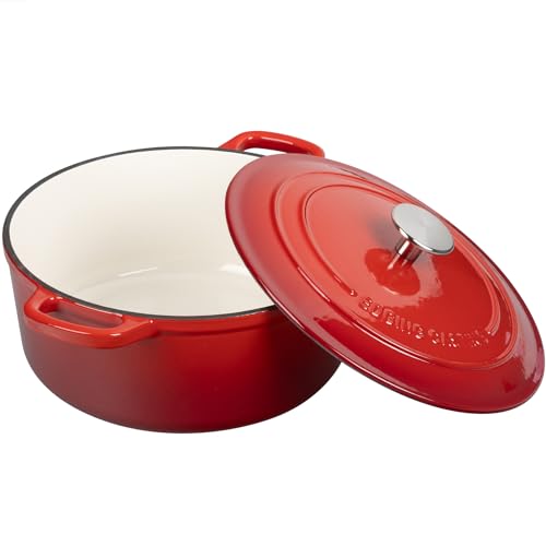 7 Quart Enamel Cast Iron Dutch Oven Pot with Lid - Red, Round, Oven Safe 500°F, Dual Handles