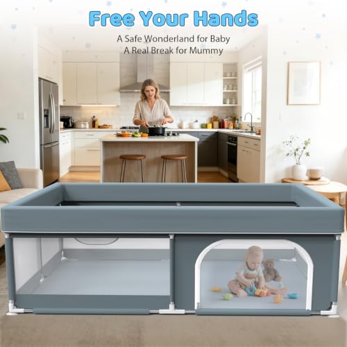 Babyvoye Grey 79x71 Inch Large Indoor & Outdoor Baby Playpen for Toddlers