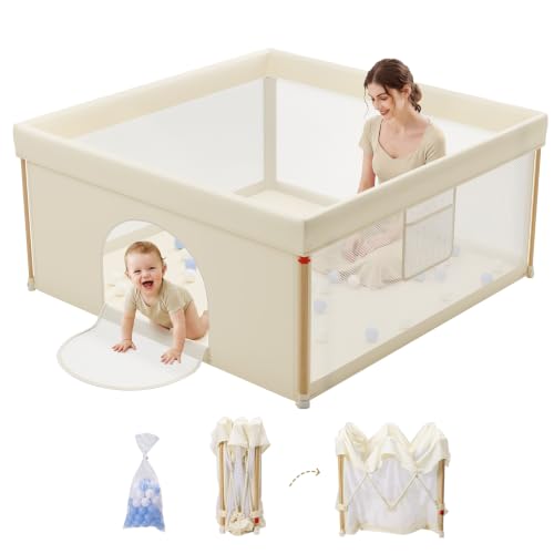 Beige Foldable Baby Playpen 50x50 Inches with Mesh Sides & Balls