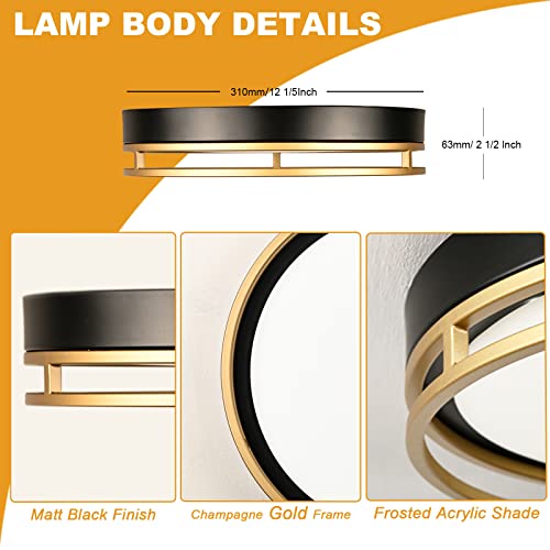 Flynix 12.5 Inch Black Gold LED Flush Mount Ceiling Light Dimmable 26W 1700 Lumens