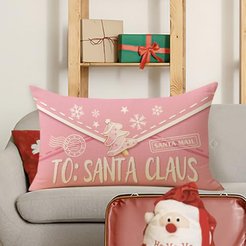 Fjfz 20x12 Inch Pink Christmas Lumbar Pillow Cover Santa Mail Decor