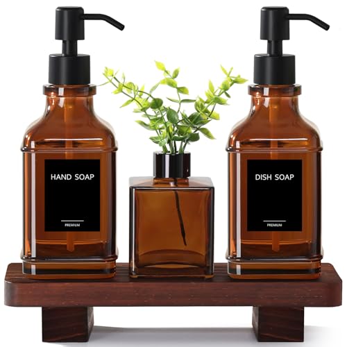 Amber Glass Soap Dispenser Set with Wooden Tray - Modern Kitchen & Bathroom Decor - Variation: Amber