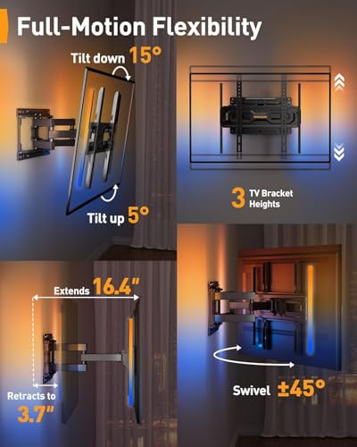Perlegear Full Motion TV Wall Mount with LED Light for 26-65 Inch TVs, 16" Wood Stud Compatible