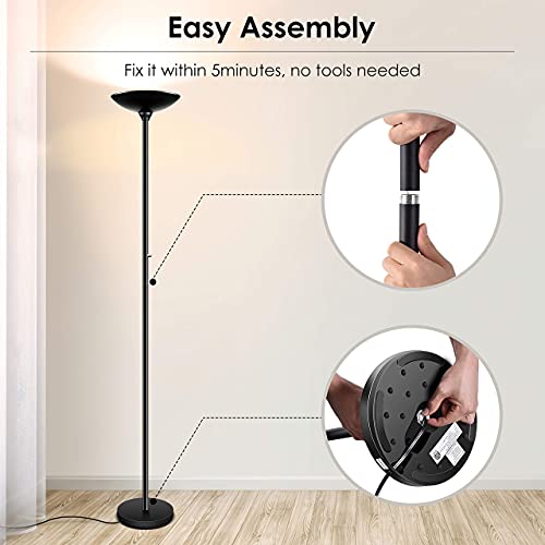 Black Torchiere Floor Lamp 30W LED Stepless Dimmable Modern Standing Light