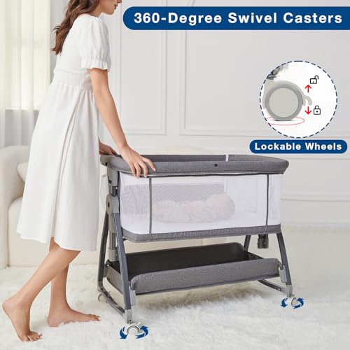 Jixrolyn 3-in-1 Baby Bassinet Bedside Sleeper Grey, Adjustable Height & All-Air Mesh