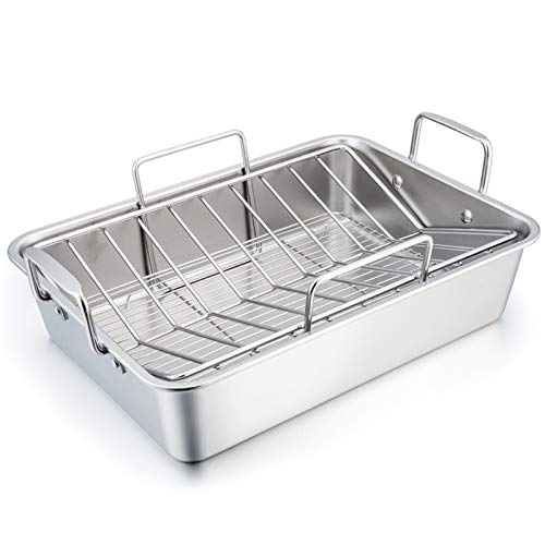 TeamFar Stainless Steel Roasting Pan 16-Inch Large Turkey Roaster Pan - Silver