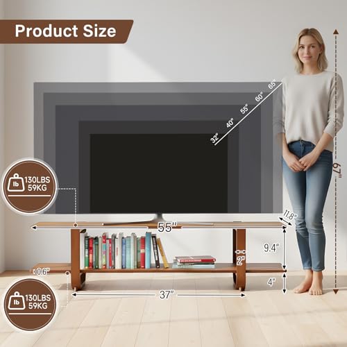 Walnut TV Stand for 55-Inch TVs - Modern Media Console with Open Shelves