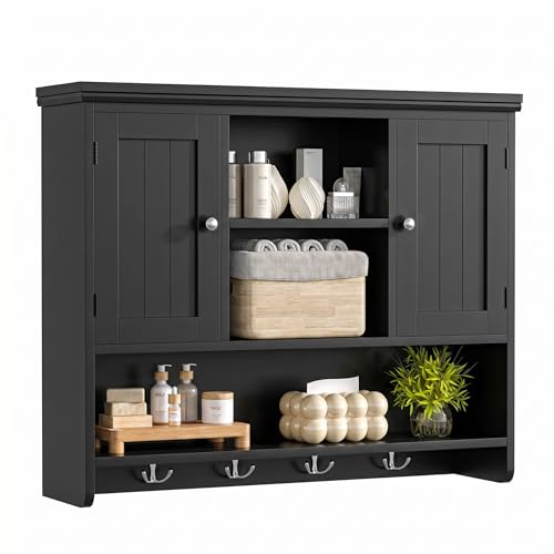 Keehusux Black Striped Wall-Mounted Bathroom Cabinet with Doors & Hooks, 3-Tier, 31.5"W