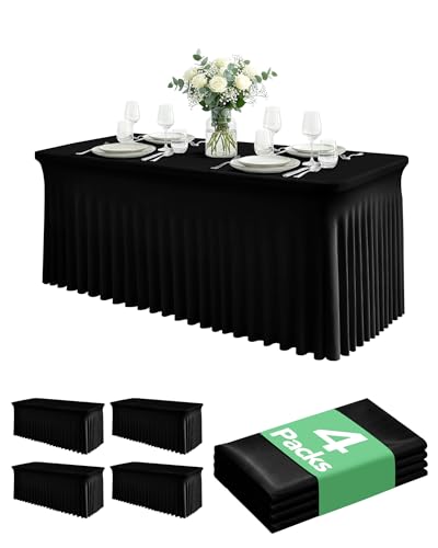 6 Ft Black Spandex Table Cover Skirt Set - 4 Pack, Floor-Length Ruffle, Rectangular