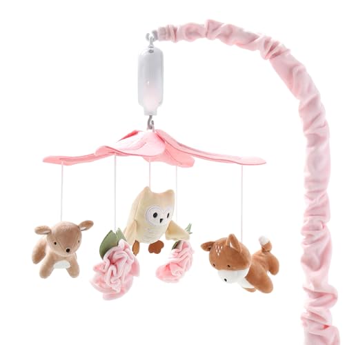 Pink Baby Crib Mobile with 12 Lullabies - Forest Nursery Decor for Girls