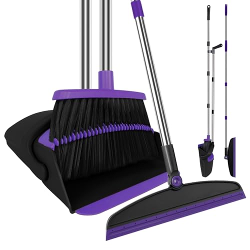 Purple 51-Inch Long Handle Broom & Dustpan Set with Squeegee - Eco-Friendly Cleaning Tool