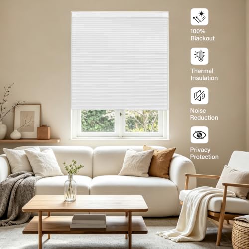 Cordless Blackout Cellular Shades - White, 34 x 64 Inches, No Drill Installation Variation: White/34W x 64H