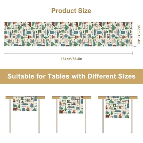 KANEPE Camping Blue Forest Animal Bear Pattern Linen Table Runner 13x36in for Indoor Outdoor Dining