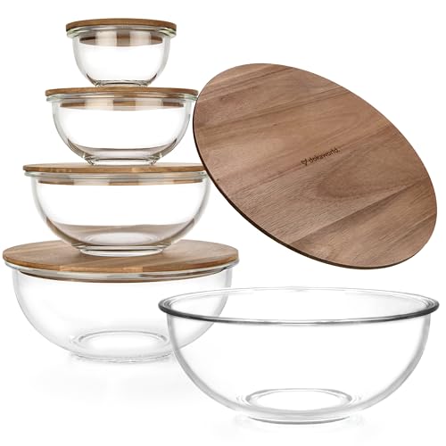 Dokaworld Dark Walnut Stackable Glass Mixing Bowls Set with Acacia Lids - 5 Sizes