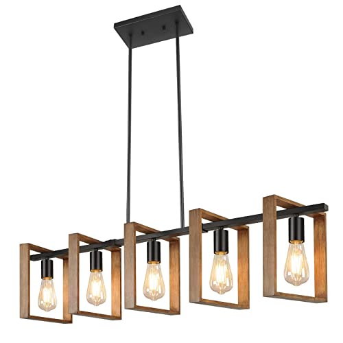 Brightever Wood Farmhouse Kitchen Island Light 5-Light Adjustable Pendant, Rustic Black Finish