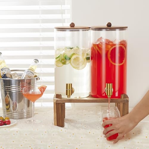 FavorFlavor 2-Pack 1.5 Gallon Glass Drink Dispenser with Wooden Stand