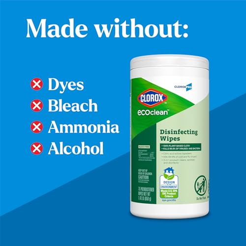 CloroxPro EcoClean Disinfecting Wipes 75 Count Pack of 6 - Bleach-Free, Plant-Based, Multi-Surface Sanitizer