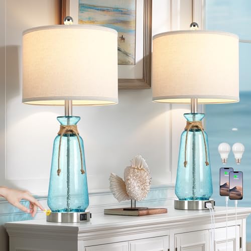 Coastal 26-Inch Dimmable Bedside Lamps Set of 2 with USB & AC Outlet - Teal