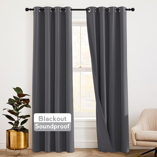 Soundproof Blackout Curtains 84 Inches, 3 Layers, Pack of 2, Grey