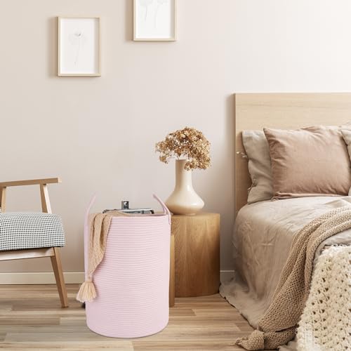 XUANGUO Large Light Pink Cotton Rope Laundry Hamper with Handles