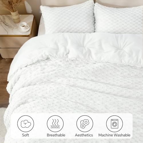 Queen Fluffy Comforter Set - Bright White Fleece Bedding 3 Pieces