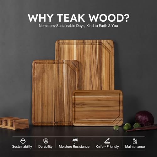 Nomsters 3-Pack Teak Wood Cutting Boards Set with Holder, Non-Slip Base, 10/13/17 Inch