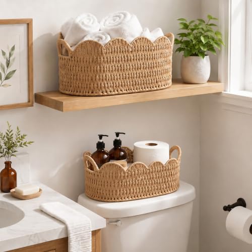 Natural Paper Rope Scalloped Basket Set of 2 - Wicker Storage Baskets for Shelves, Toys, Gifts & Decor