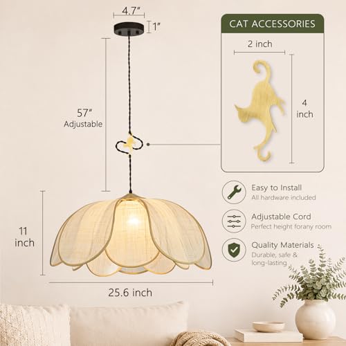 25.6 in Hand Woven Rattan Boho Chandelier with Brass Cat Hook for Living Room & Dining