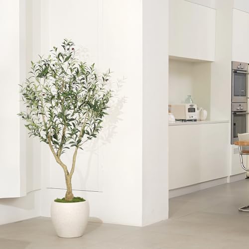 LYERSE 5ft Artificial Olive Tree in Black Pot with Large Branches & Fruits – Realistic Home Decor
