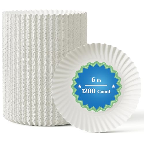 1200 Pack 6-Inch Disposable Paper Plates - White, Uncoated Bulk, Shell Design