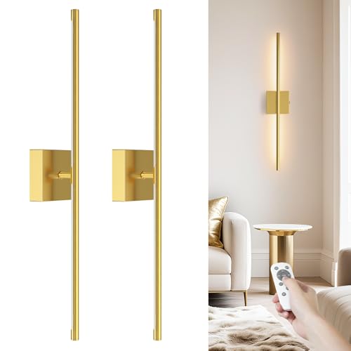 Wireless Battery Wall Sconces Set of 2 - 27.6 Inch Gold Dimmable 3000K-6500K with Remote
