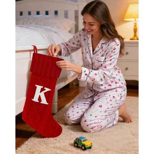 Christmas Stockings with Initials,20 Inches Large Cable Embroidered Monogram Knitted Christmas Stockings with Letter,Personalized Xmas Stockings for Fireplace Family Holiday Decor (Red J)
