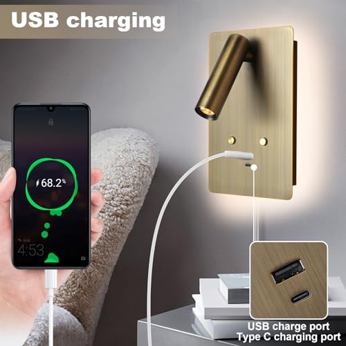 Bronze Wall Mounted Reading Light Set of 2 with USB Ports - Dimmable Bedside Sconces