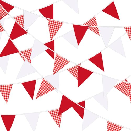 MARFOREVER 28 FT Red Plaid Checkered White Pennant Banner Flags, 30 Pcs Fabric Triangle Flag Bunting Garland Banner for Picnic Wedding Birthday Carnival Baby Shower Christmas Garden Party Decorations