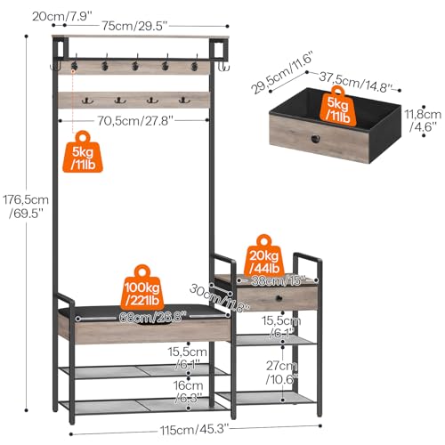 Hall Tree with Bench and Storage - Greige & Black Entryway Organizer