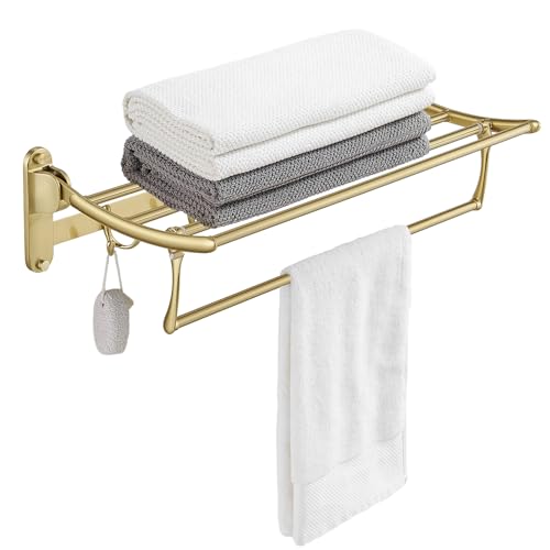 Wall Mounted Brushed Gold Towel Rack with Foldable Bar Hooks - Bathroom & Bedroom Use