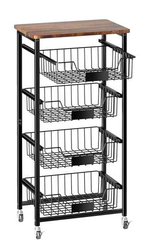 Kitchen Storage Cart with 4 Drawers & Wood Top - 5 Tier Mobile Organizer, Black