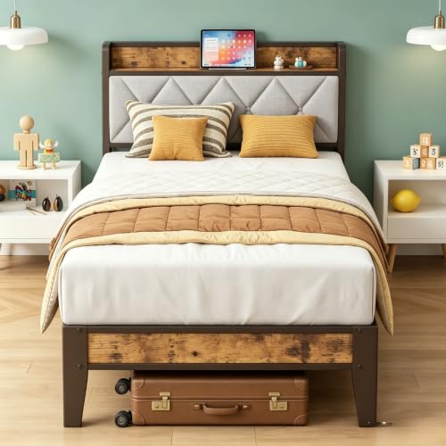 HAPPYMONT Twin Platform Bed Frame with USB Charging Ports & Storage