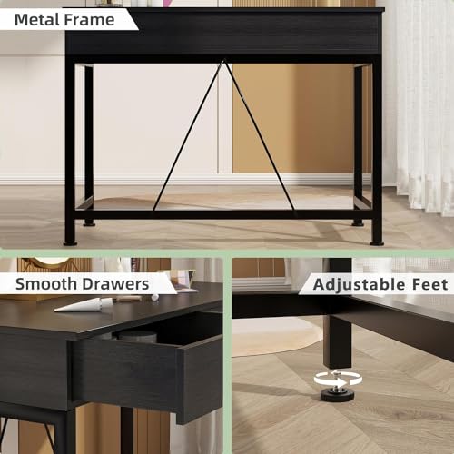 CAIYUN Small Computer Desk with Wooden Drawers - 39 Inch Black Home Office Table