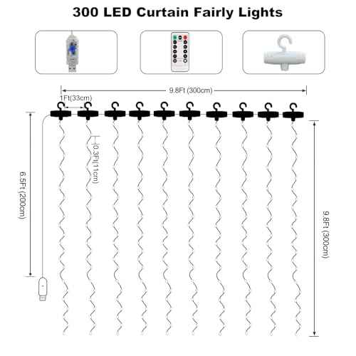 echosari Curtain Lights, 300 LED Fairy Curtain Lights with Remote Timer, USB Powered Copper Curtain String Lights 9.8Ft x 9.8Ft for Bedroom Window Christmas Wedding Decor (Warm White)