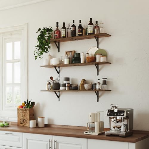 Rustic Brown Wall Shelf 32 Inch Floating Bookshelf with Sturdy Metal Brackets